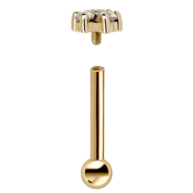 Exploded view of 14k yellow gold triple CZ cartilage stud showing threaded top and barbell post separately
