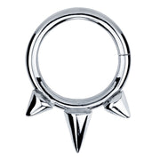 14K white gold triple spike seamless ring, front view with three polished silver-tone spikes