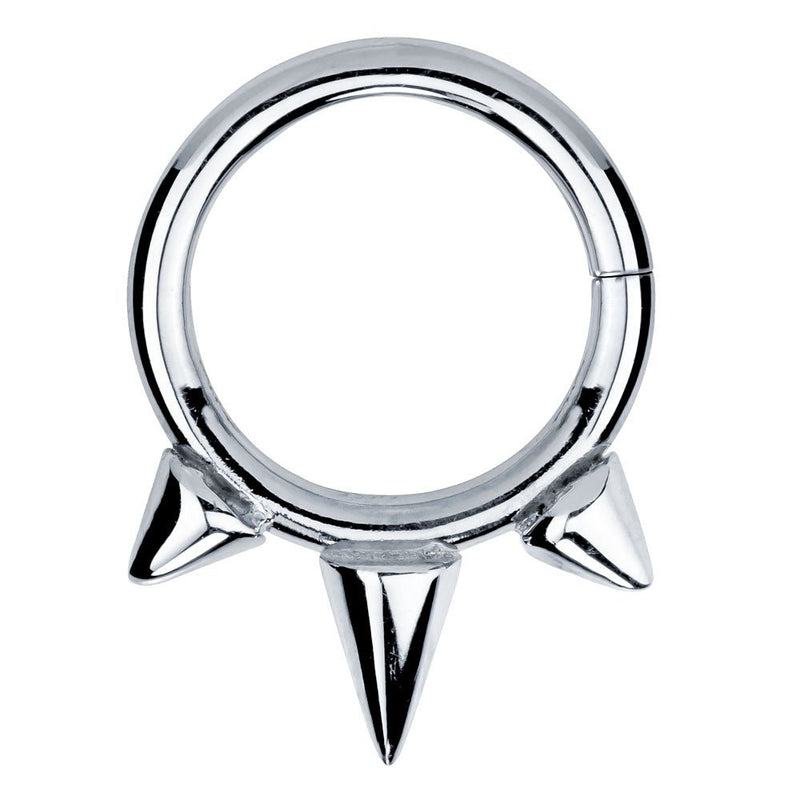 14K white gold triple spike seamless ring, front view with three polished silver-tone spikes