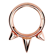 14K rose gold triple spike seamless seam ring, front view showing warm pink-gold finish