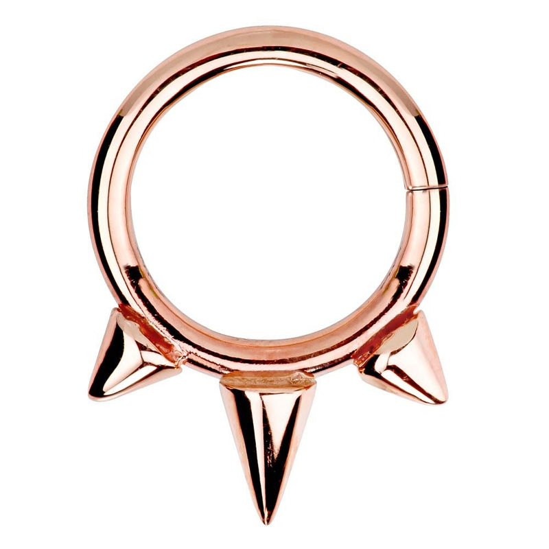 14K rose gold triple spike seamless seam ring, front view showing warm pink-gold finish