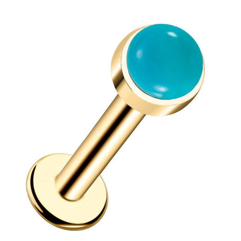 14k yellow gold flat back labret with 3mm turquoise cabochon, angled front view