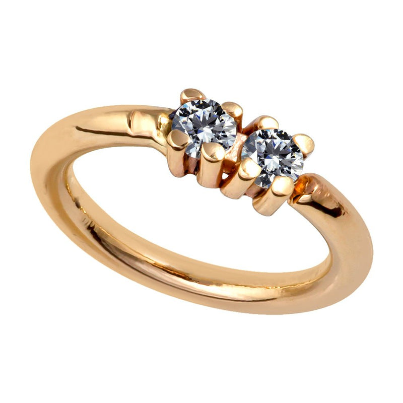 14K yellow gold two-diamond seam ring hoop, angled view showing side-set prong detail on white background