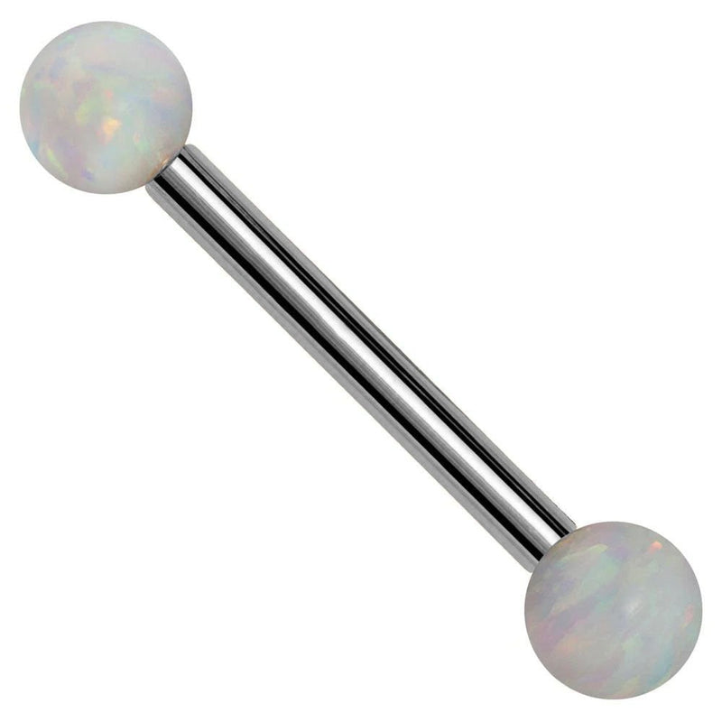 14k white gold straight barbell with white simulated opal ball ends, front view on white background