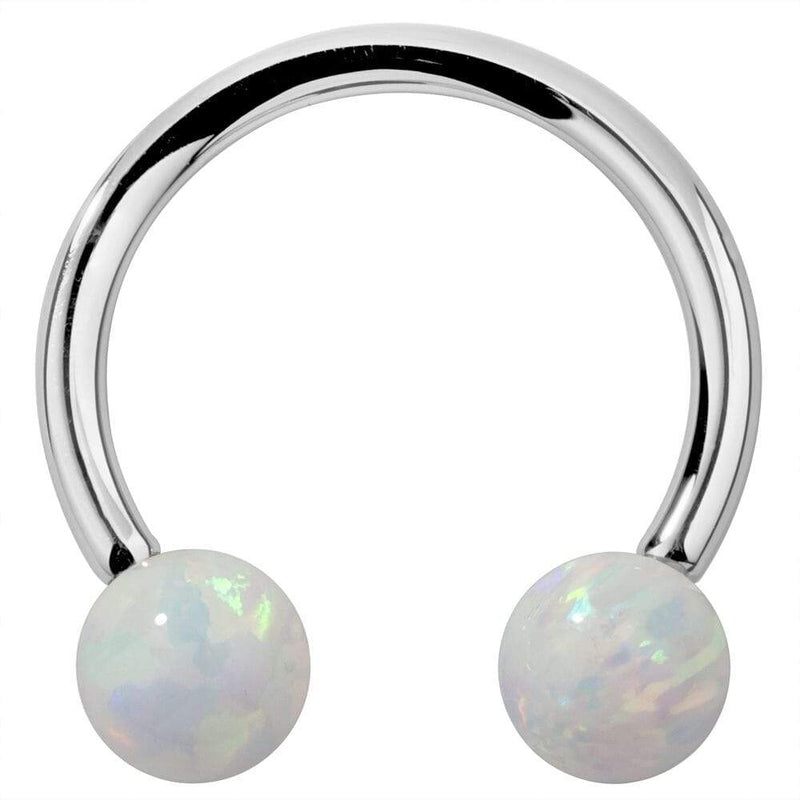 14k white gold circular barbell with white opal ball ends, front view