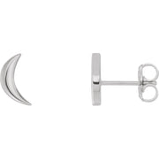 14k white gold crescent moon stud earrings showing front view and side profile with push-back post