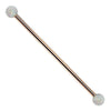 14k rose gold industrial barbell with white synthetic opal ball ends, front view
