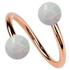 14k rose gold twister spiral barbell with white simulated opal ball ends, front view