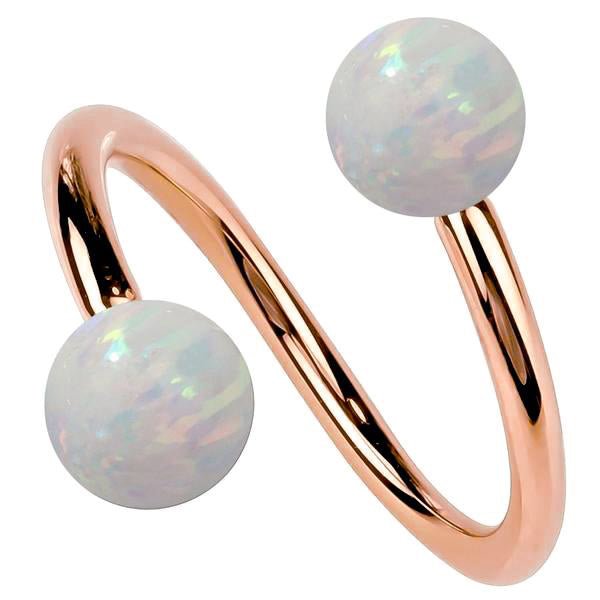 14k rose gold twister spiral barbell with white simulated opal ball ends, front view