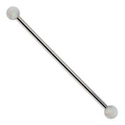 14k white gold industrial barbell with white synthetic opal ball ends, front view