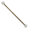 14k yellow gold industrial barbell with white synthetic opal ball ends, front view