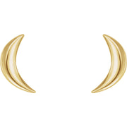 14k yellow gold crescent moon stud earrings, front view of both pieces showing sculptural curved shape